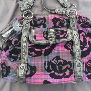 Betsey Johnson purple plaid rose purse, EUC